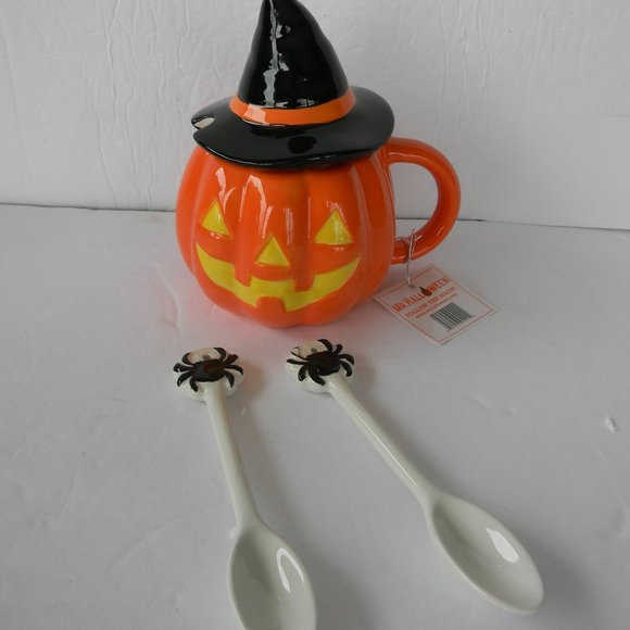 NWT Mr. Halloween JACK-O-LANTERN Ceramic Mug w/ Lid & Spoons - Picture 1 of 5